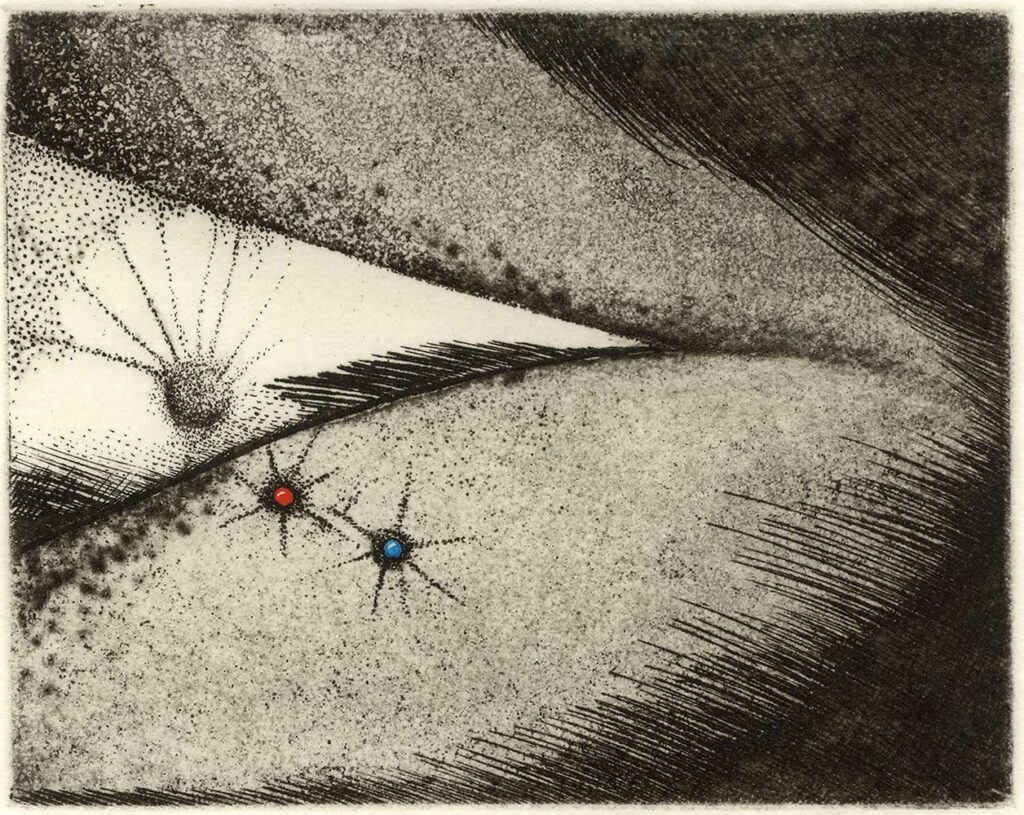 Inner Space, Etching with drypoint, aquatint and hand colouring, 1998, Arches, 300gsm hot pressed watercolour paper, edition of 40. My first etching.